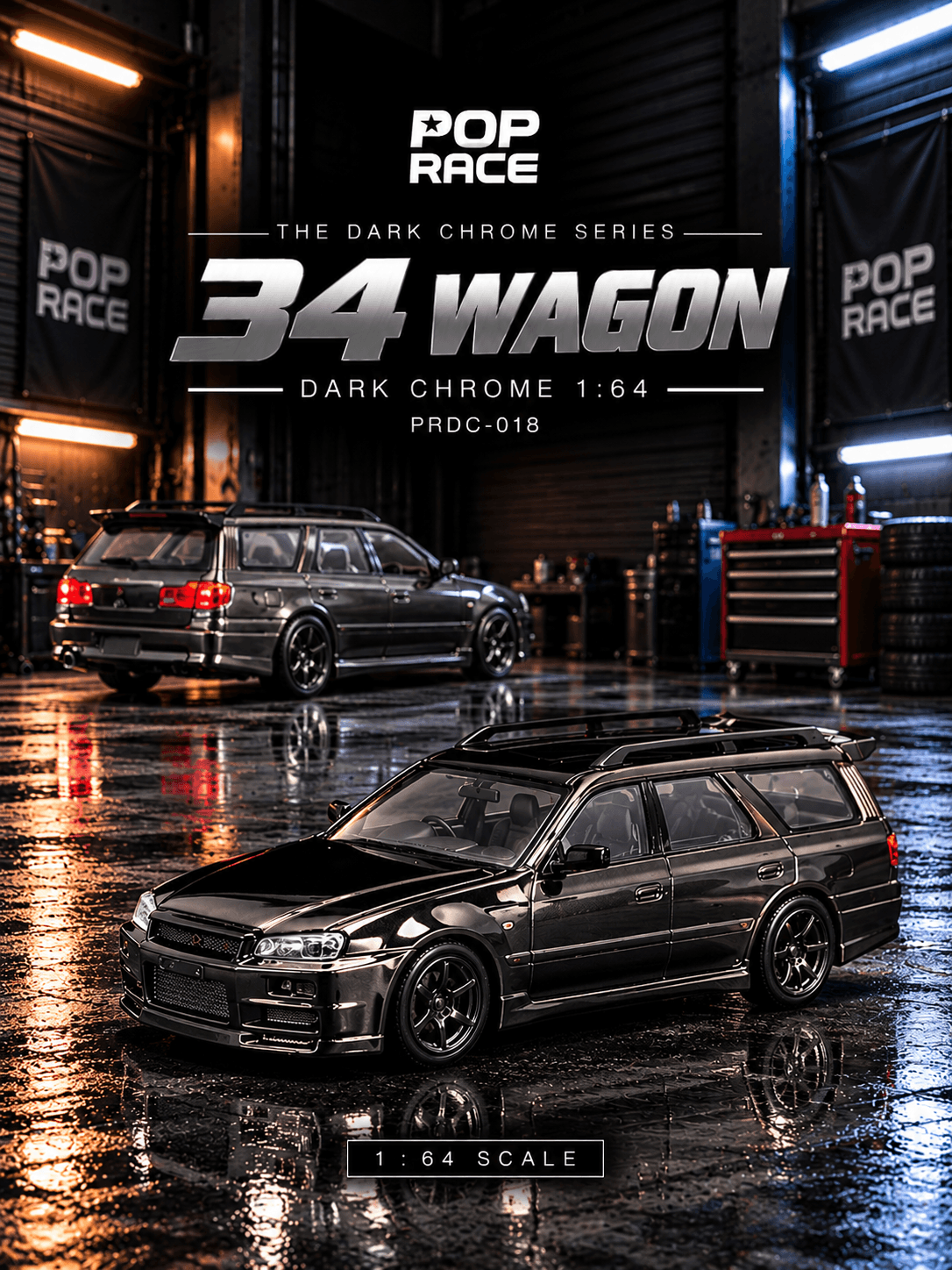 R34 Wagon 1:64 POP RACE Dark Chrome QTD4