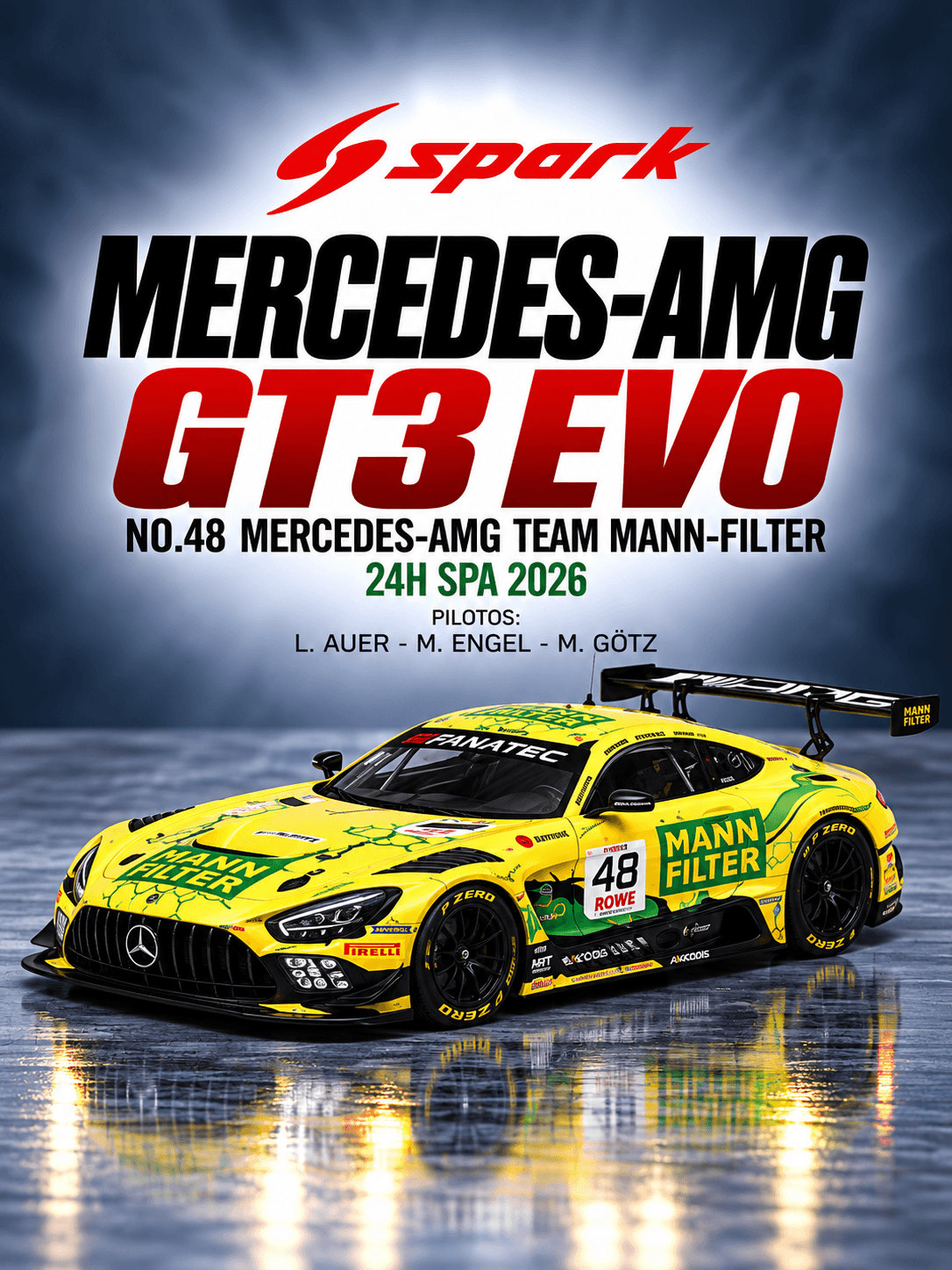 Mercedes-AMG GT3 EVO No.48 Mercedes-AMG Team MANN-FILTER 24H SPA 2026 1:64 Spark