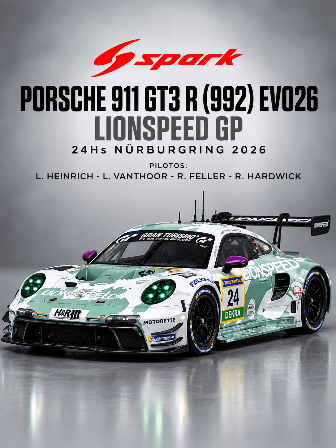 Porsche 911 GT3 R (992) Evo26 Lionspeed GP 24Hs Nürburgring 2026 1:64 Spark