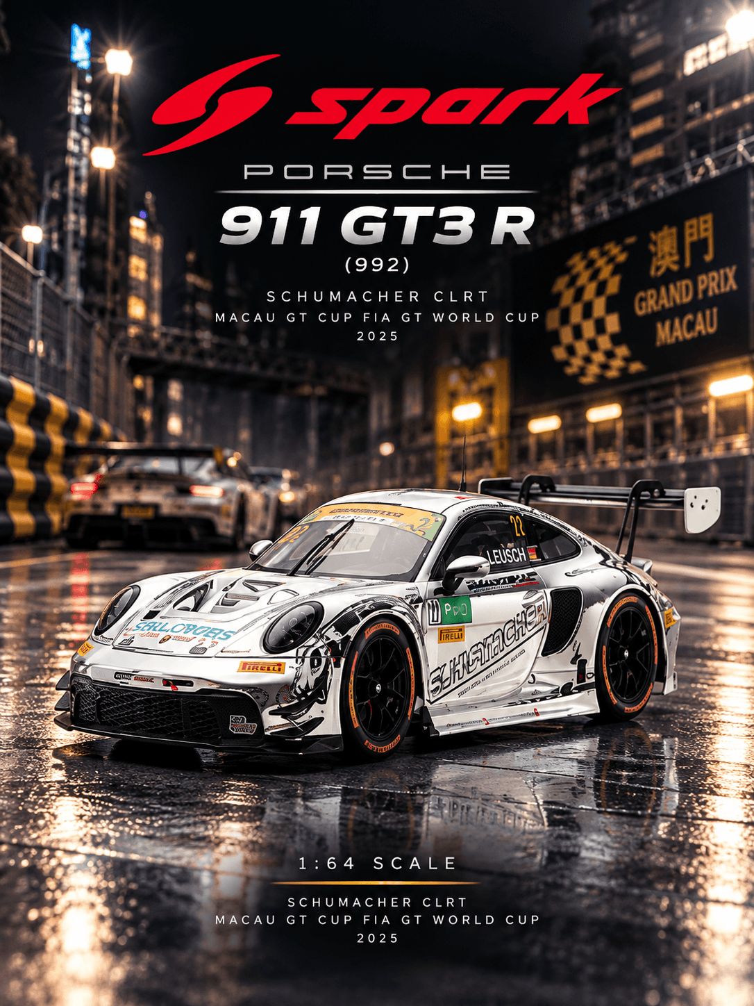 Porsche 911 GT3 R 992 Schumacher CLRT Macau GT Cup FIA GT World Cup 2025 1:64 Spark