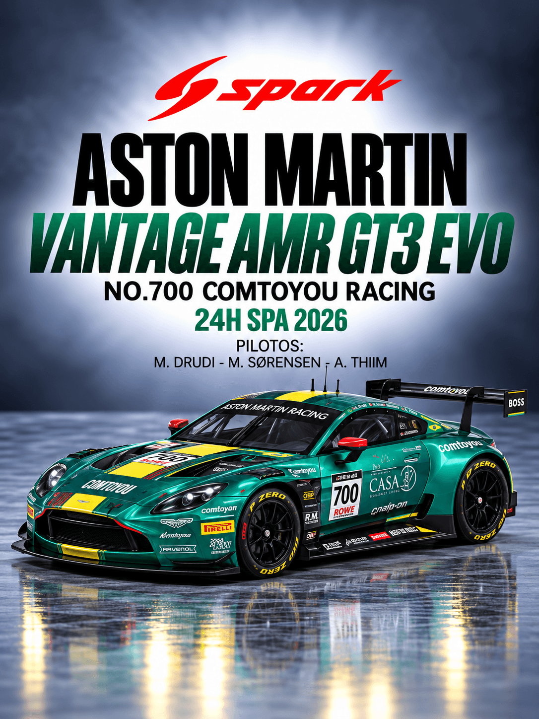 Aston Martin Vantage AMR GT3 EVO No.700 Comtoyou Racing 24H SPA 2026 1:64 Spark