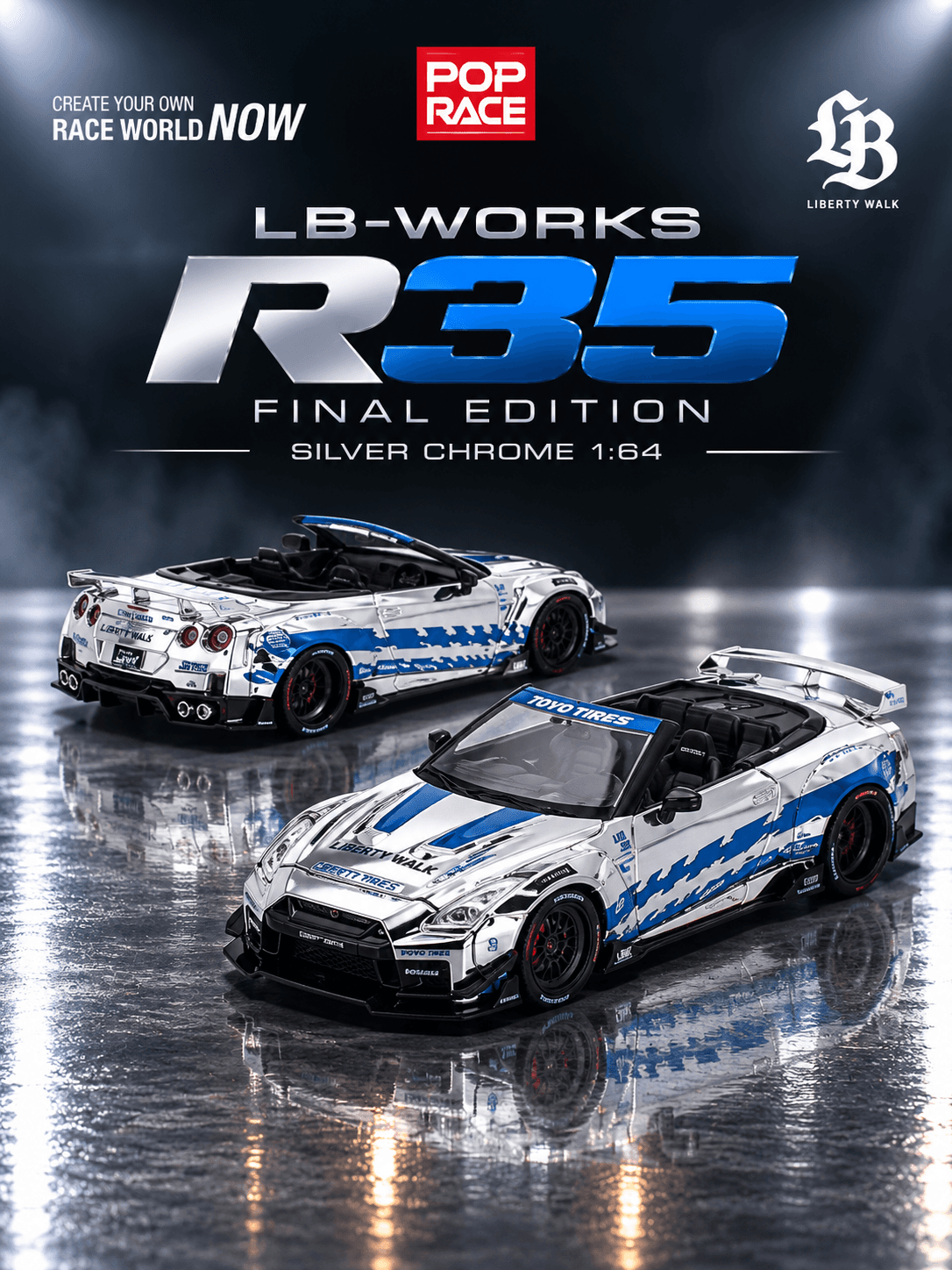 LB-WORKS 35GT-R Final Edition Liberty Walk 1:64 POP RACE Silver Chrome