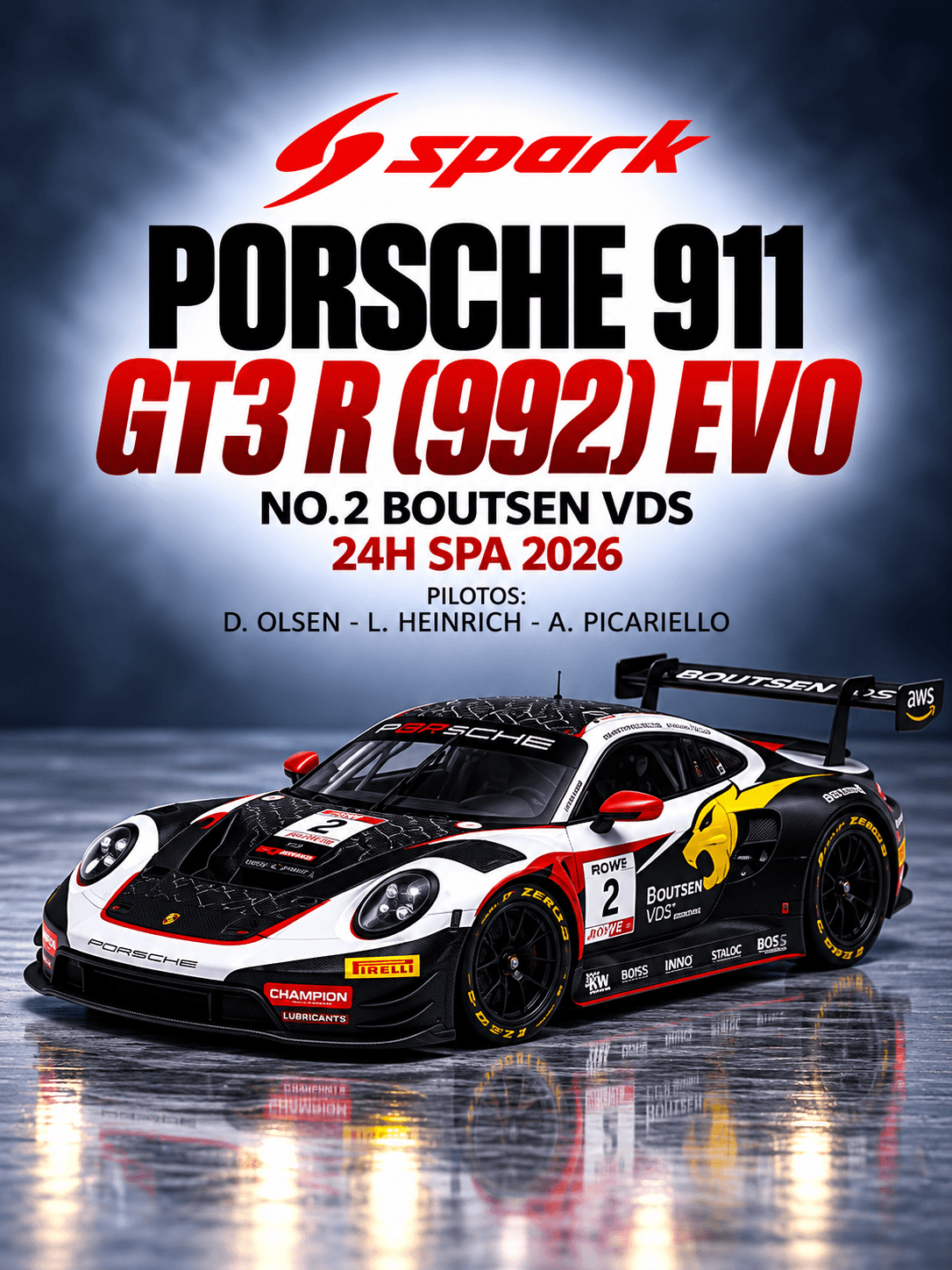 Porsche 911 GT3 R (992) EVO No.2 Boutsen VDS 24H SPA 2026 1:64 Spark