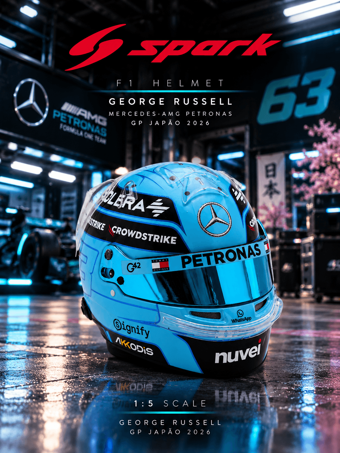 Capacete George Russell Mercedes AMG PETRONAS F1 Team GP Japão 2026 1:5 Spark