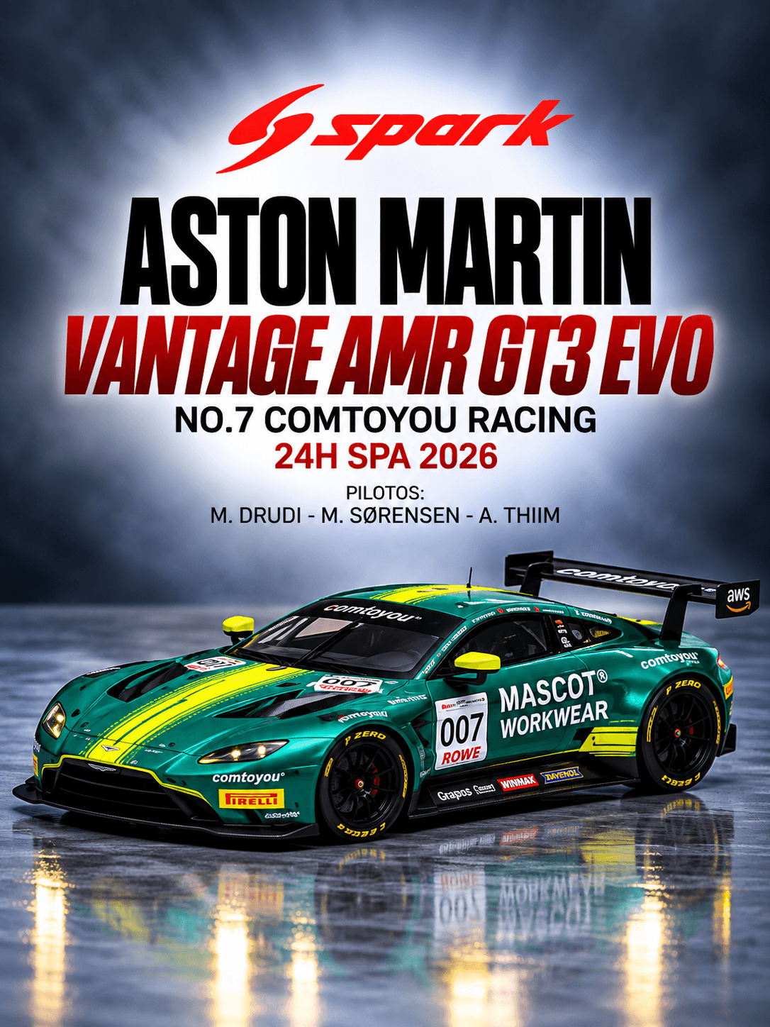 Aston Martin Vantage AMR GT3 EVO No.7 Comtoyou Racing 24H SPA 2026 1:64 Spark
